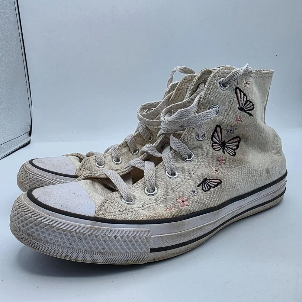 Converse CTAS HI Girls Size 5.5 Egret Black White Shoes Butterfly School Casual